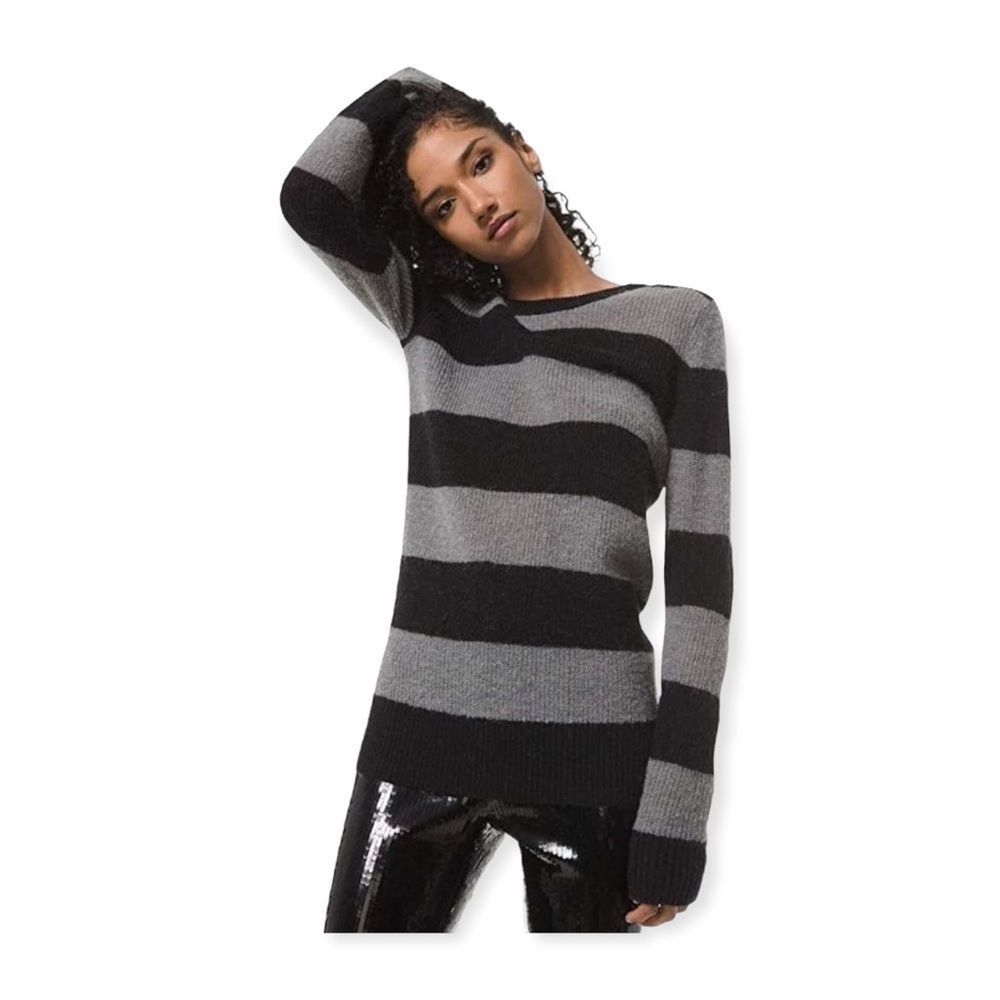 Michael Kors Striped Alpaca Wool Blend Sweater, Black/Gunmetal